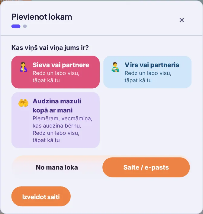 Logs „Pievienot lokam“: dūla izvēlas, kas ir uzaicinātais — „Sieva vai partnere“, „Vīrs vai partneris“ vai „Audzina mazuli kopā ar mani“ — un cilne „Saite / e-pasts“ ar pogu „Izveidot saiti“